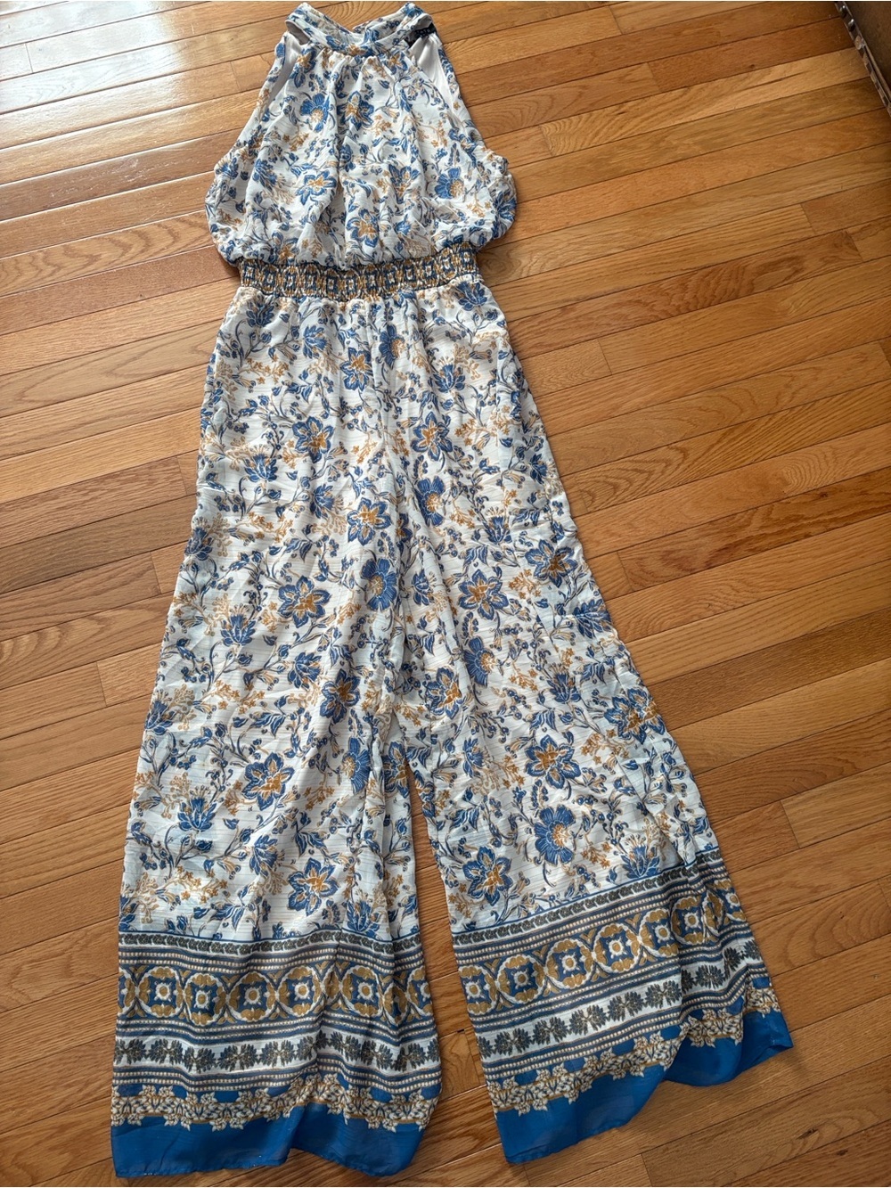 Floral Halter Wide-Leg Jumpsuit in Blue and Cream